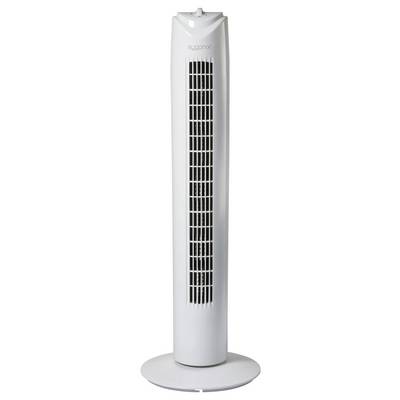 Un ventilateur colonne blanc avec grille noire et socle rond, adapté à la circulation de l'air à l'intérieur.