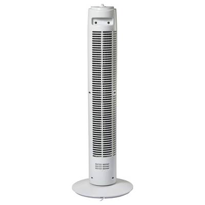 Ventilateur sur pied blanc avec boîtier étroit et fentes de ventilation verticales, reposant sur un socle rond.