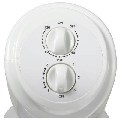 Appareil blanc avec deux boutons rotatifs. Le bouton supérieur indique les plages de température (40-120), le bouton inférieur possède trois niveaux.