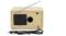 Radio en bois avec antenne télescopique, vue arrière, montrant la prise secteur et l'ouverture du haut-parleur, avec le câble d'alimentation au premier plan.