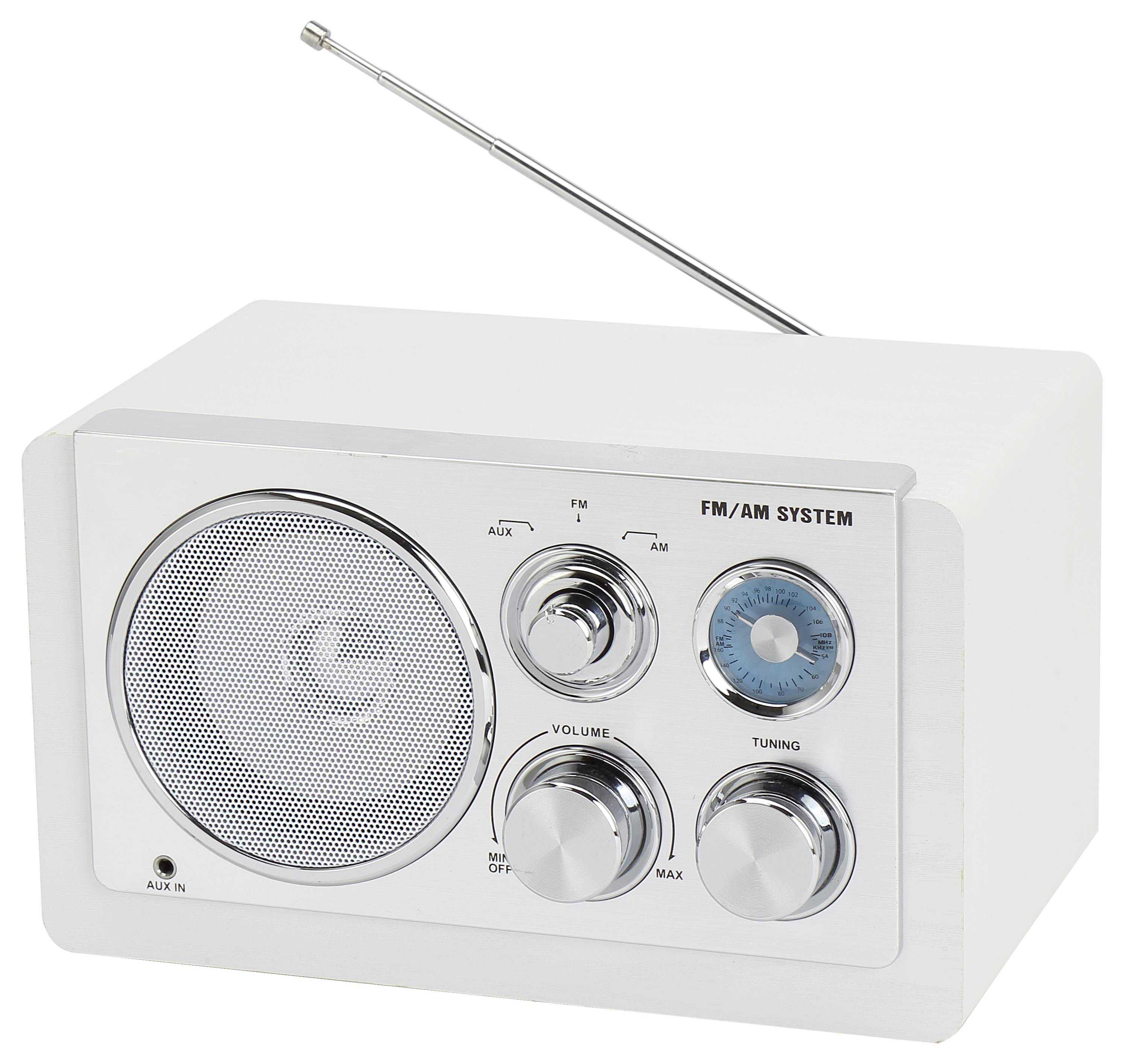 Radio blanc FM/AM avec haut-parleur, réglages de volume et de syntonisation, ainsi qu'une antenne.