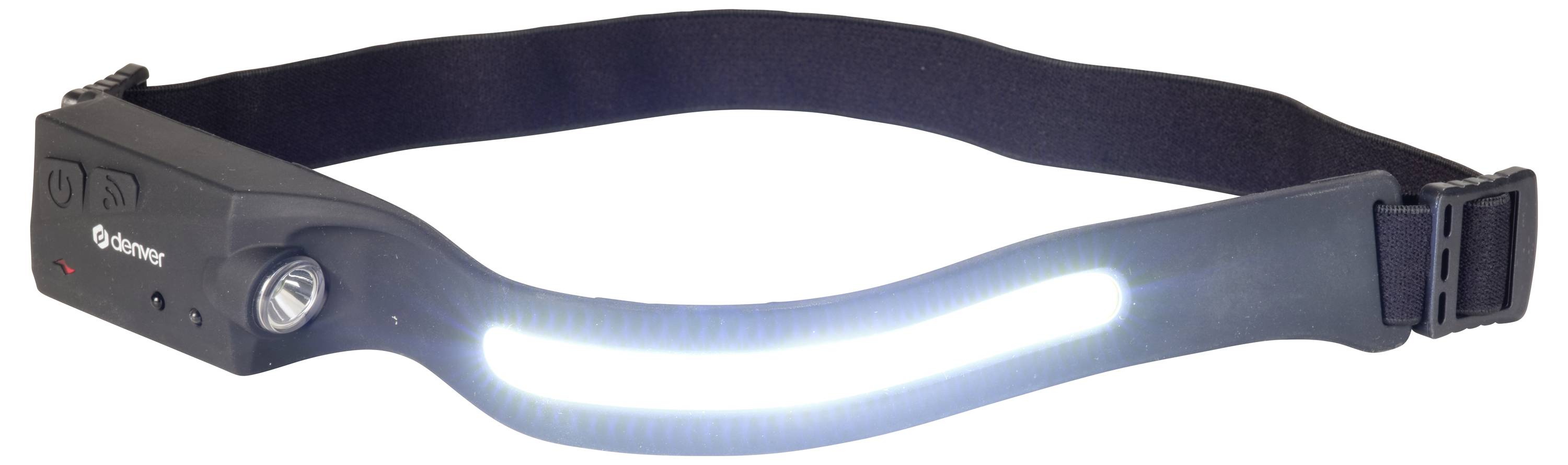 Bandeau noir avec bande lumineuse LED intégrée, adapté aux activités de plein air dans des environnements sombres.