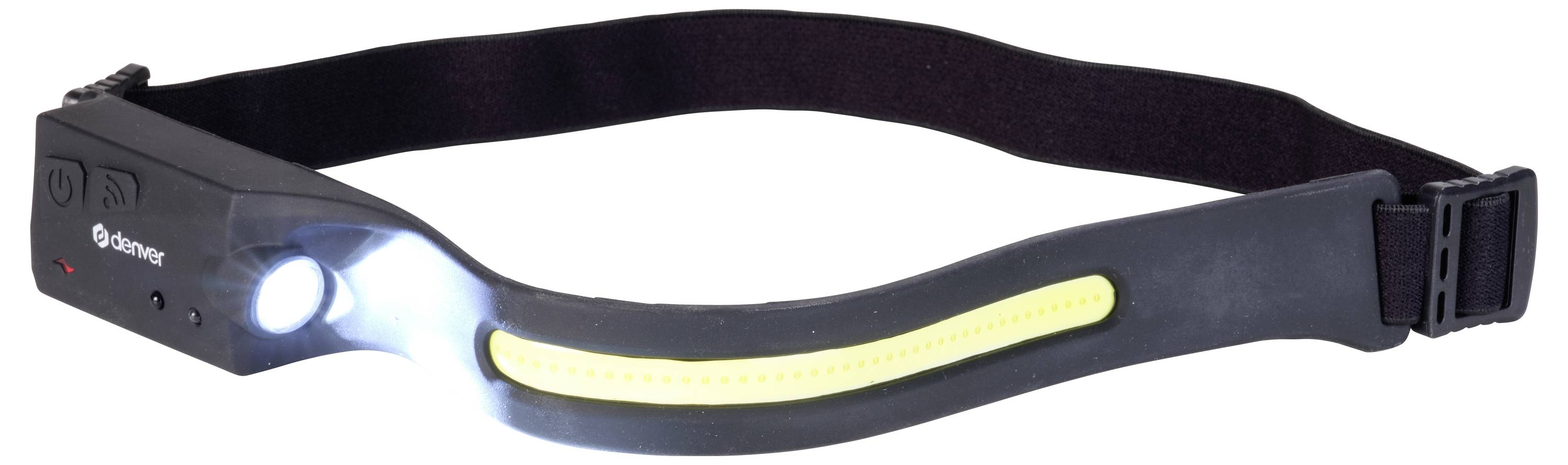 Lampe frontale avec bandeau réglable, LED lumineuse et interrupteur latéral, idéale pour un éclairage mains libres lors d'activités de plein air.