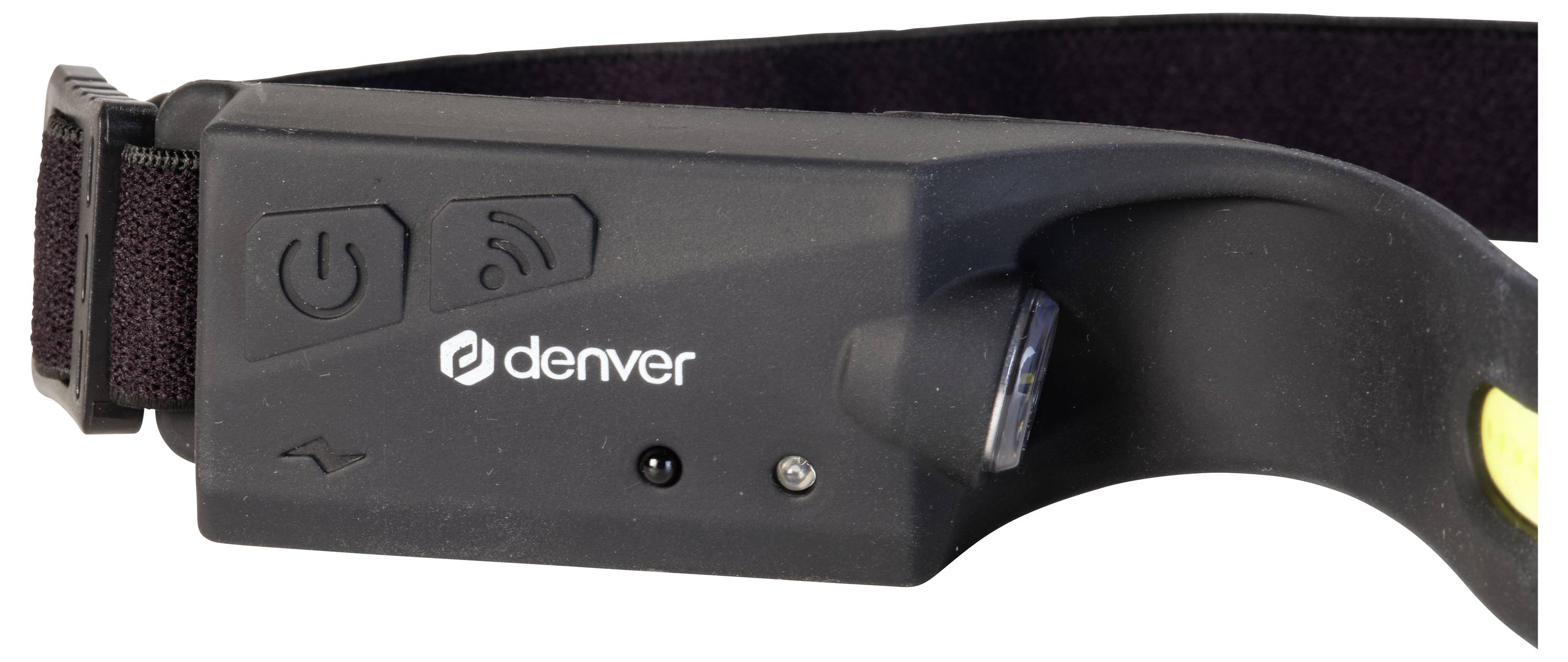 Lampe frontale noire avec touches de commande et logo Denver, fixée sur un bandeau élastique. Adaptée pour un travail sans les mains dans l'obscurité.