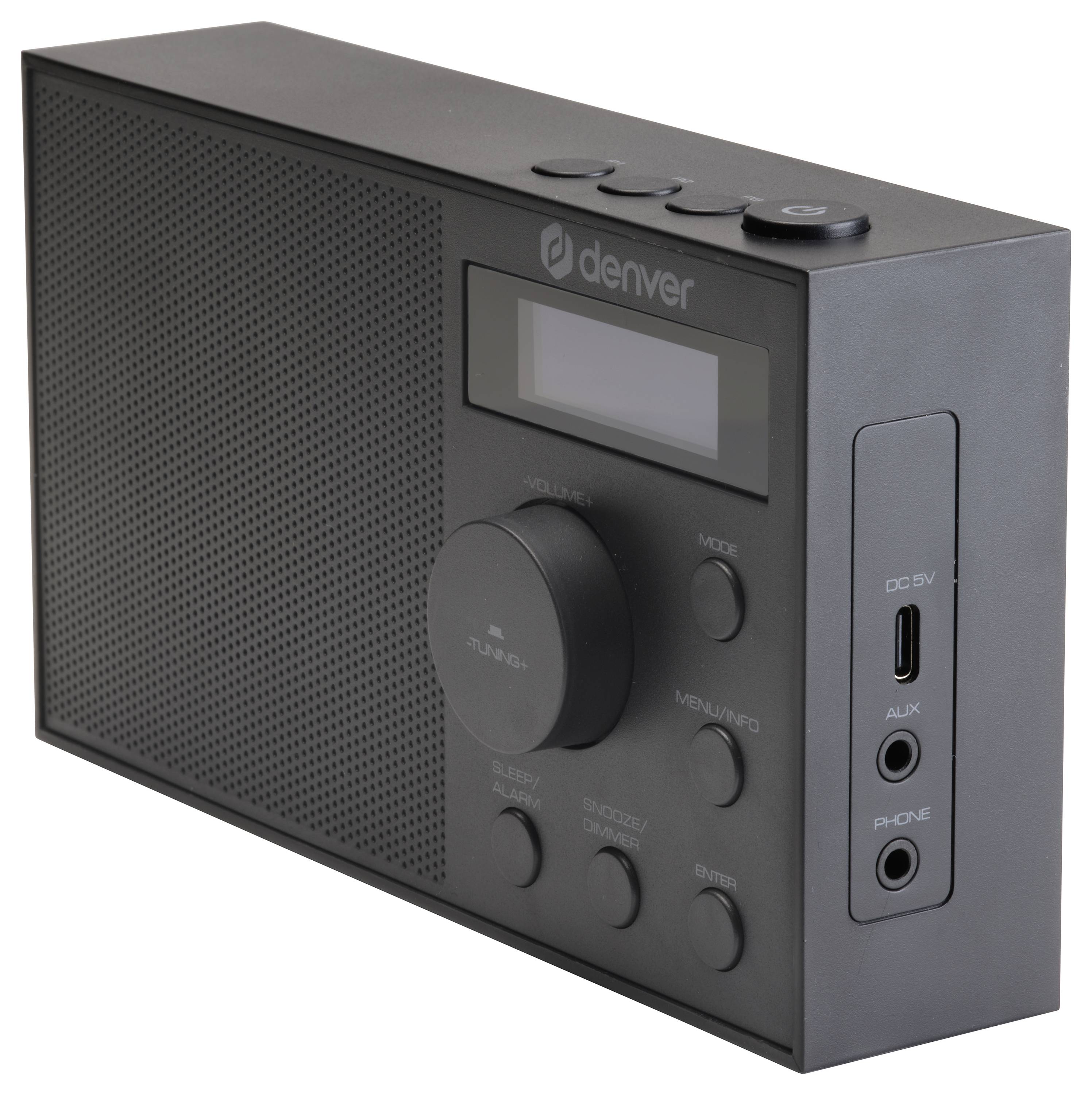 Radio portable noir avec grille de haut-parleur, écran, molette de volume et connexions pour DC 5V, AUX et casque.