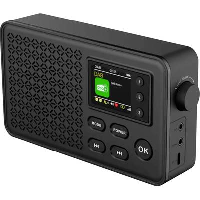 Radio numérique portable noir avec affichage DAB, boutons de mode, marche/arrêt et OK, molette de volume et prise casque.