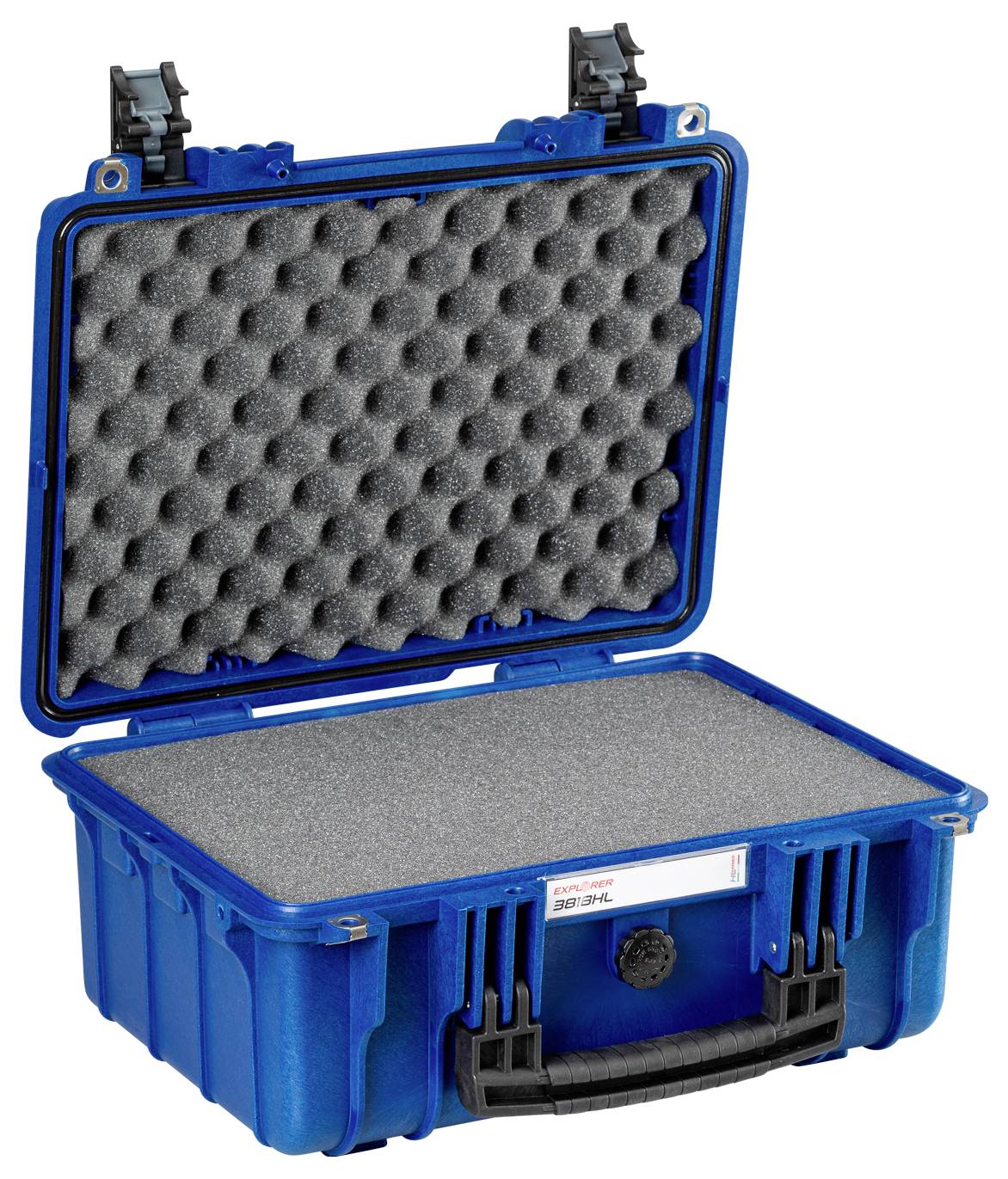 Valise rigide bleue, ouverte, doublée de mousse, adaptée au transport sécurisé d'équipements fragiles.