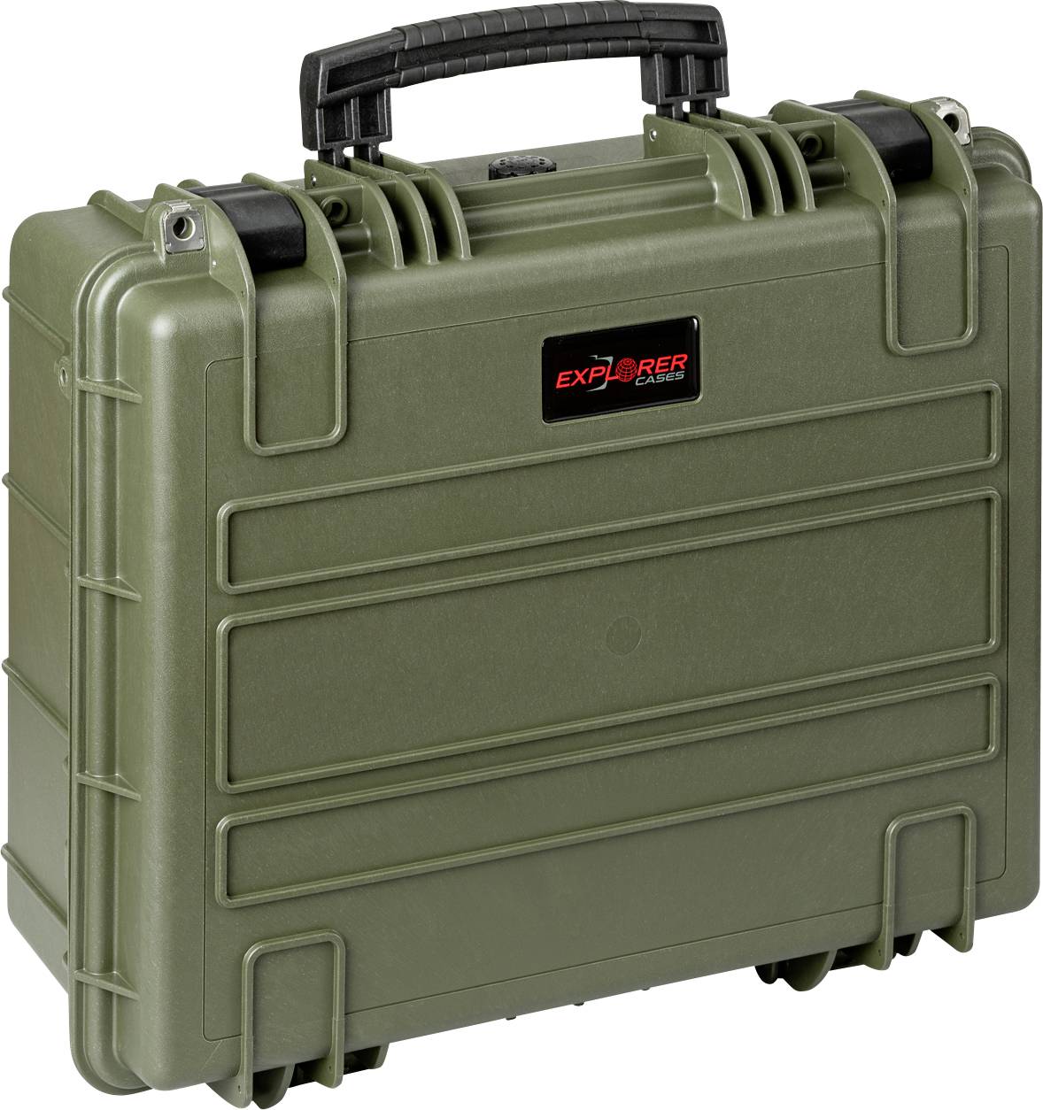 Valise robuste de couleur vert olive avec poignée et logo 'EXPLORER CASE'. Adaptée au transport sécurisé d'équipements fragiles.