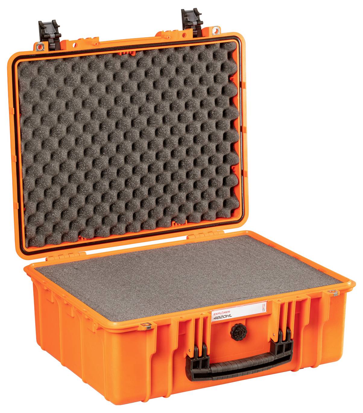 Valise orange avec couvercle ouvert, doublée à l'intérieur de mousse noire, adaptée au transport sécurisé d'objets fragiles.