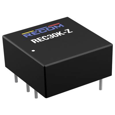 Composant électronique rectangulaire noir portant l'inscription 'REC30K-Z' et le logo RECOM, avec quatre broches métalliques à sa base.