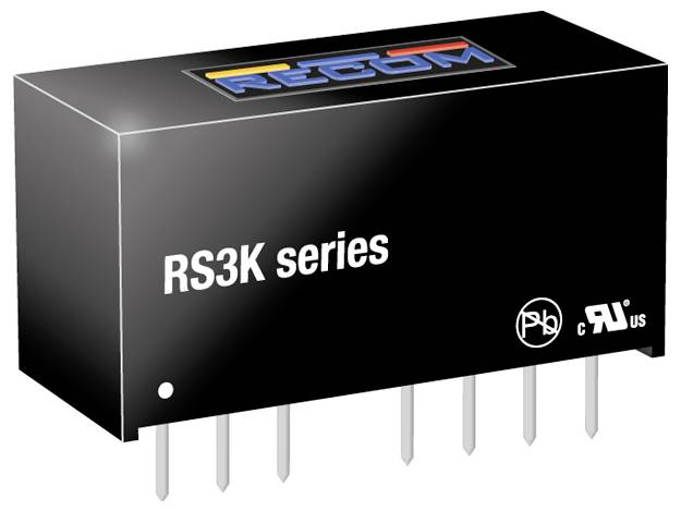 Composant électronique noir rectangulaire portant l'inscription 'série RS3K' avec plusieurs broches métalliques sur sa face inférieure.