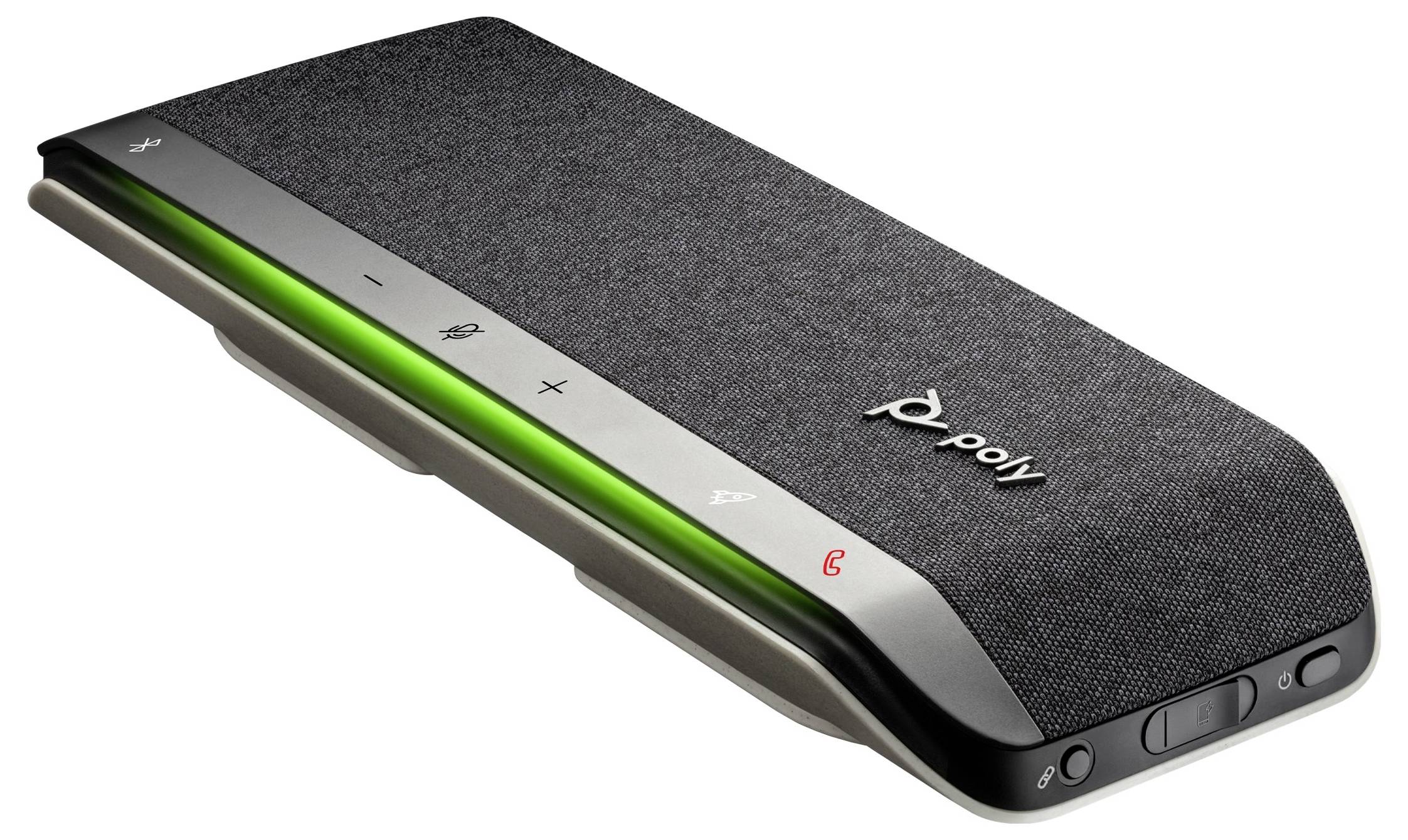 Haut-parleur de conférence portable avec des touches de volume, de microphone et de réception d'appel. Logo 'Poly' visible, bande LED allumée en vert.