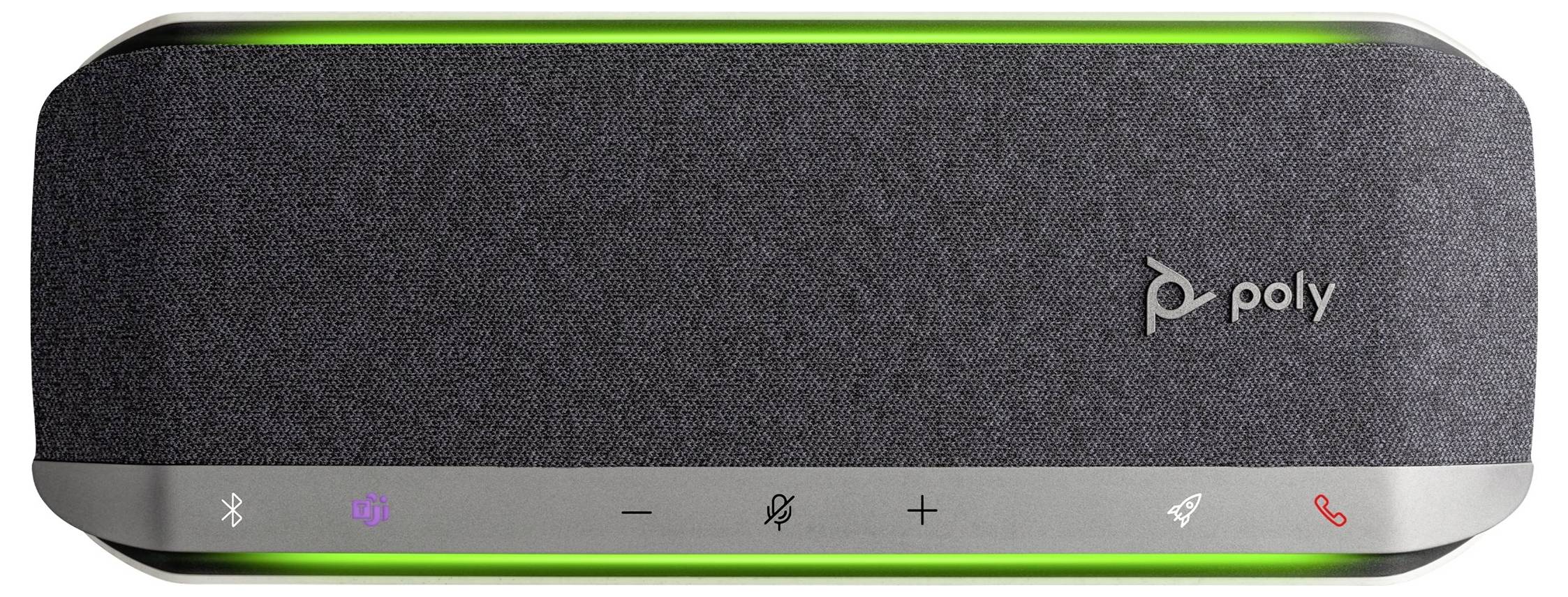 Un haut-parleur portable noir avec un boîtier gris, une bande LED verte et différents boutons de commande sur l'avant.