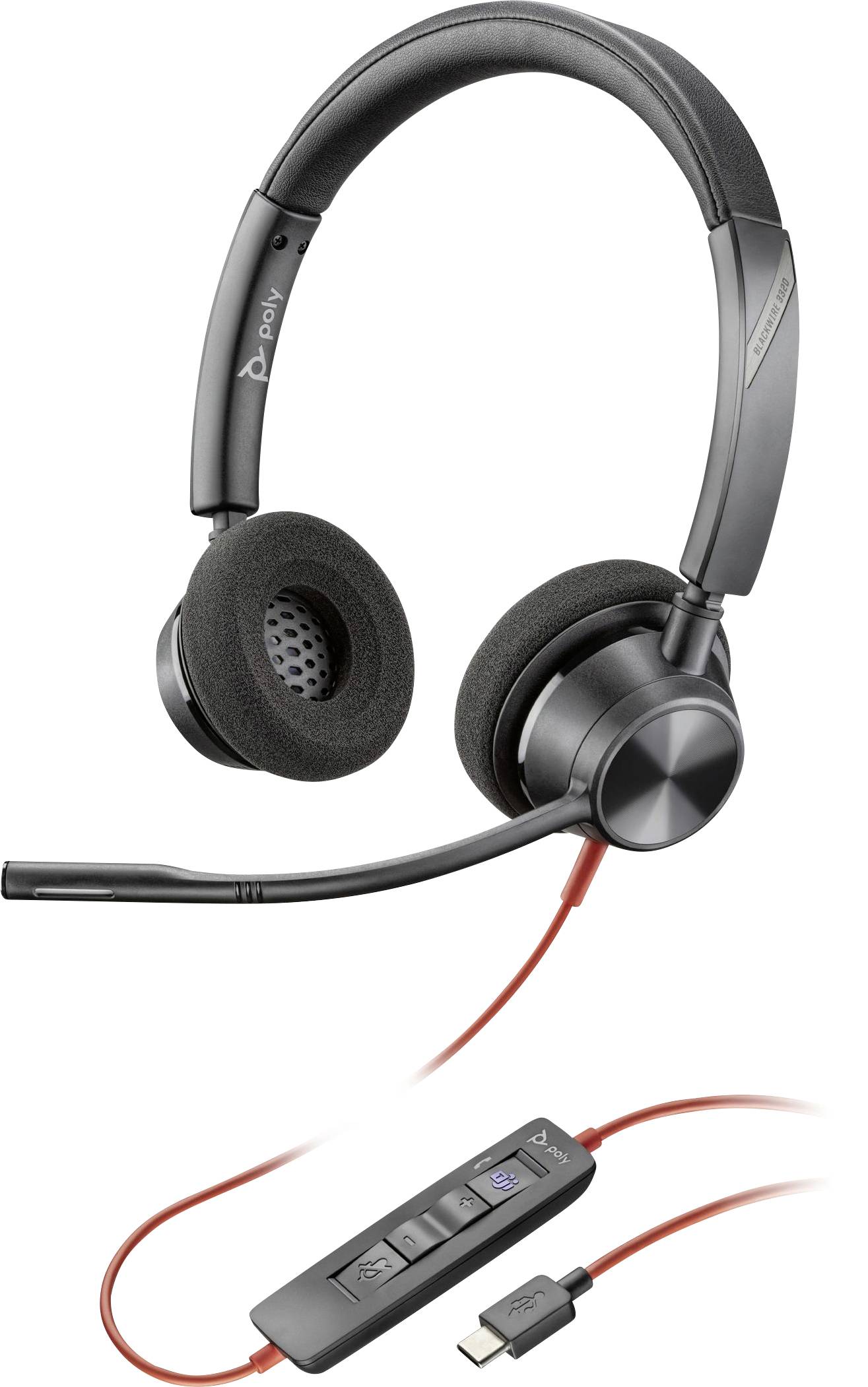 Casque noir filaire avec microphone, coussinets d'oreille amovibles et connexion USB. Élément de commande sur le câble pour la gestion des appels.