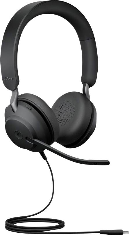 Casque noir avec microphone et câble, adapté pour les appels téléphoniques ou les réunions en ligne.