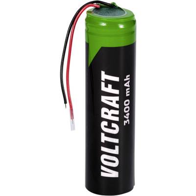 Batterie cylindrique portant l'inscription 'VOLTCRAFT 3400 mAh' avec deux connexions de câbles en haut.
