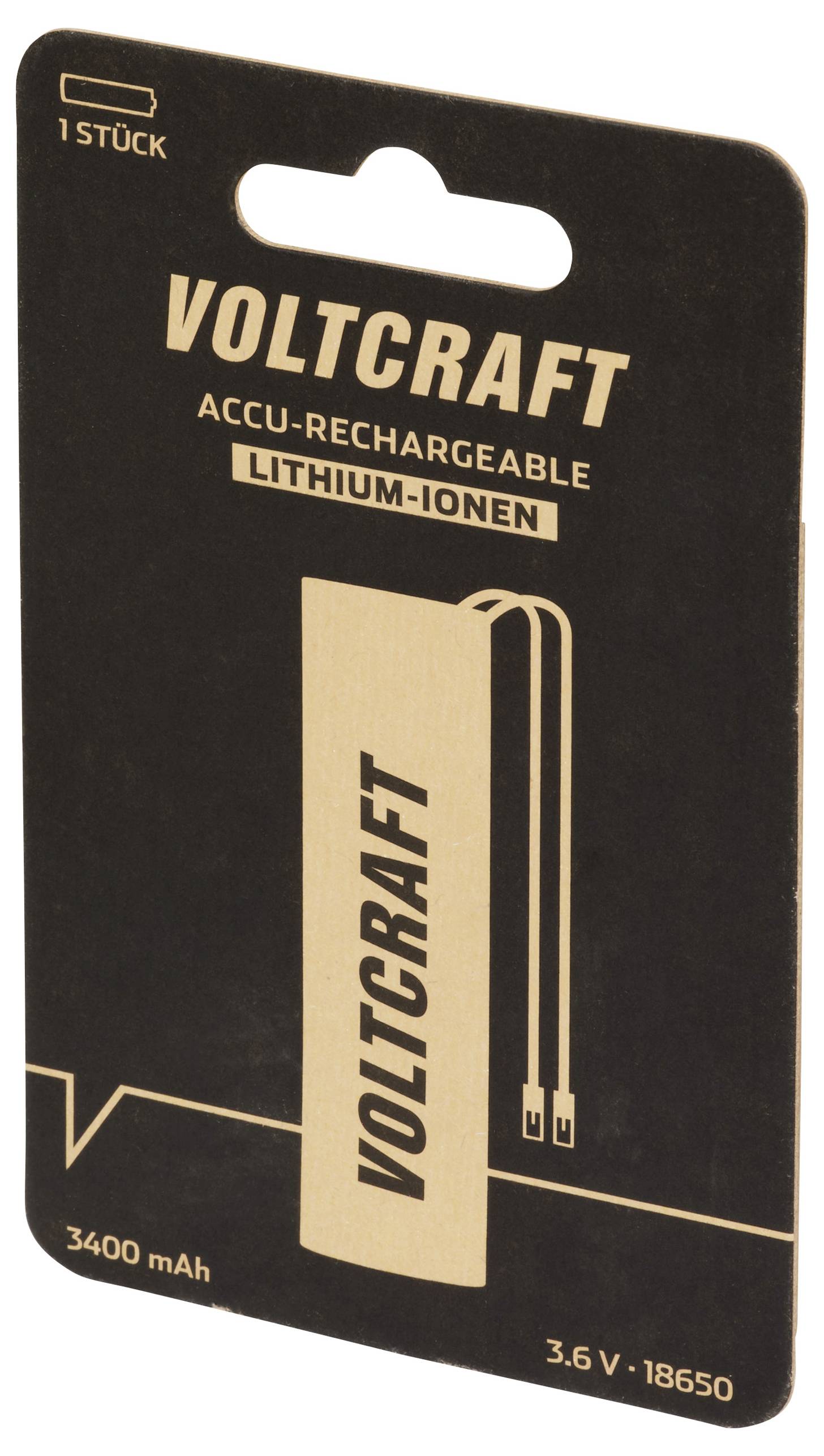 Emballage d'une batterie rechargeable Lithium-Ion Voltcraft, 3400 mAh, 3,6 V, 18650. Contient une pièce.