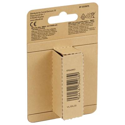 Arrière d'un emballage de batterie en carton avec code-barres et informations du fabricant. Contient des inscriptions et des éco-labels.