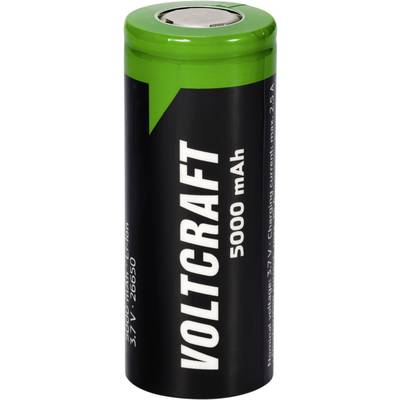Batterie rechargeable Voltcraft de 5000 mAh. Noir avec extrémité verte. Tension : 3,7 V. Technologie Lithium-ion.