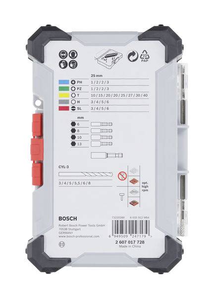Ensemble de forets Bosch avec codage couleur pour une identification facile des tailles et des types, coffret en plastique contenant 14 forets, longueur de 25 mm.