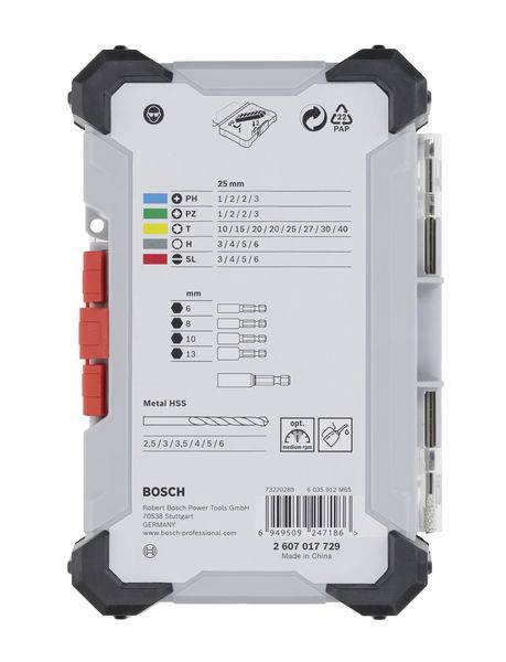 Image d'une boîte à outils avec les informations du fabricant. Différents embouts et forets avec indications de tailles sont représentés. Nom de la marque en bas.
