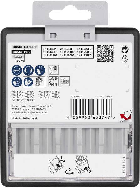 Emballage de lames de scie en métal pour appareils Bosch, affichant les informations du produit, la compatibilité et le code-barres, avec des instructions en bas.