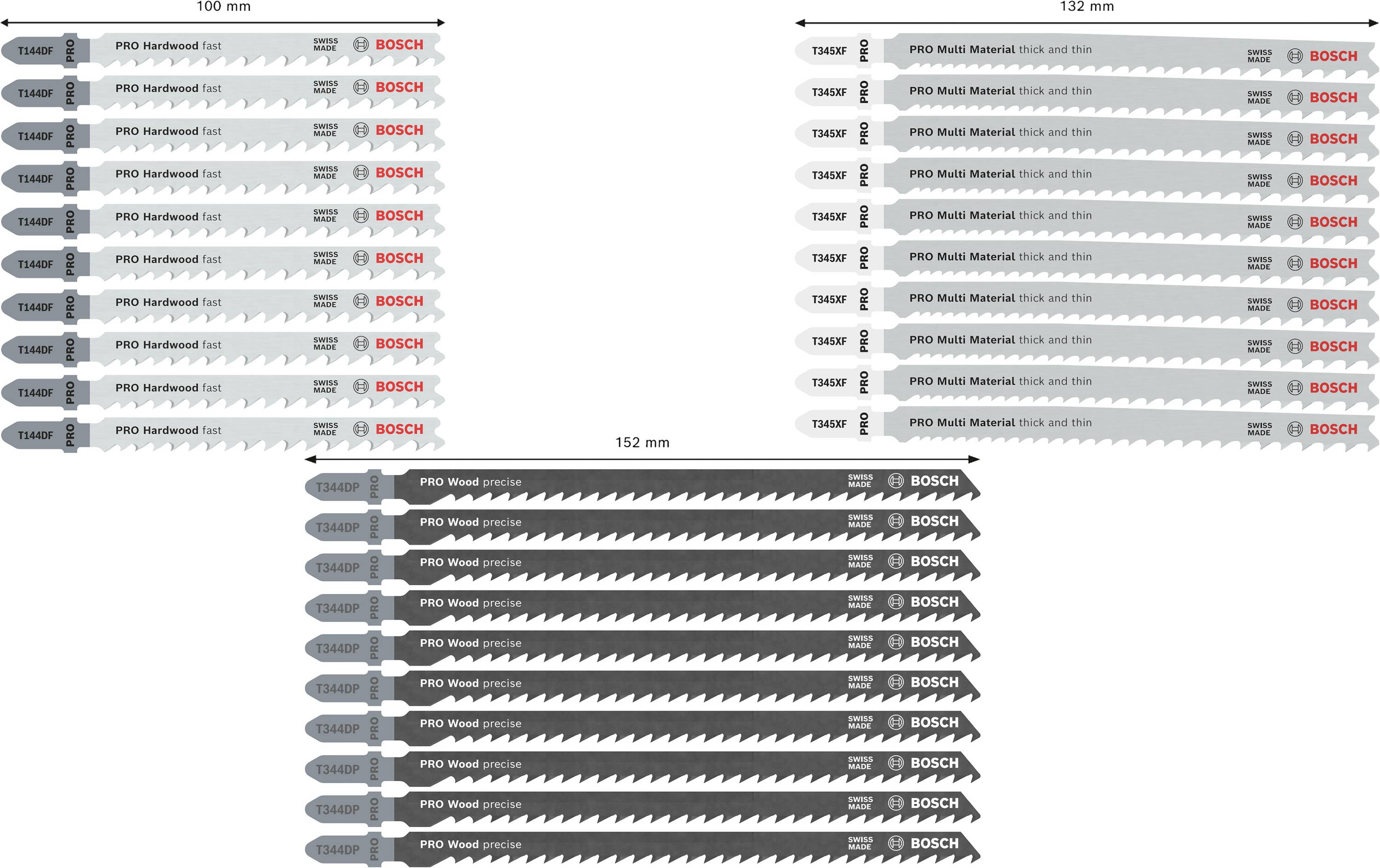 Lames de scie Bosch en deux longueurs : 100 mm et 152 mm. Différents types pour le travail du bois et du métal présentés.