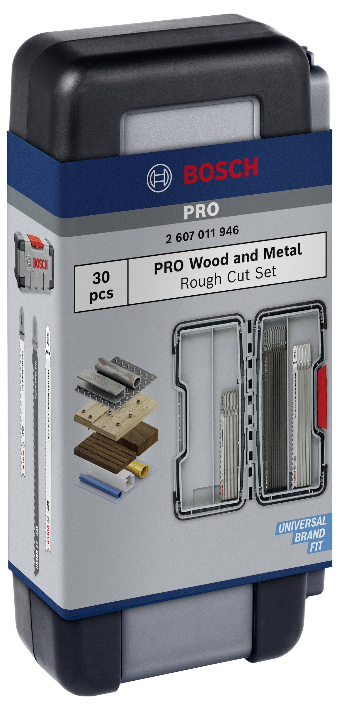 Coffret Bosch PRO de lames pour coupe grossière Bois et Métal, 30 pièces, dans un boîtier bleu. Adapté pour l'usinage du bois et des métaux.