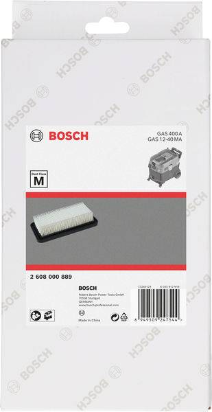 Emballage de produit pour filtre d'aspirateur Bosch avec image du filtre et liste des modèles compatibles. Nom de marque en haut à gauche.