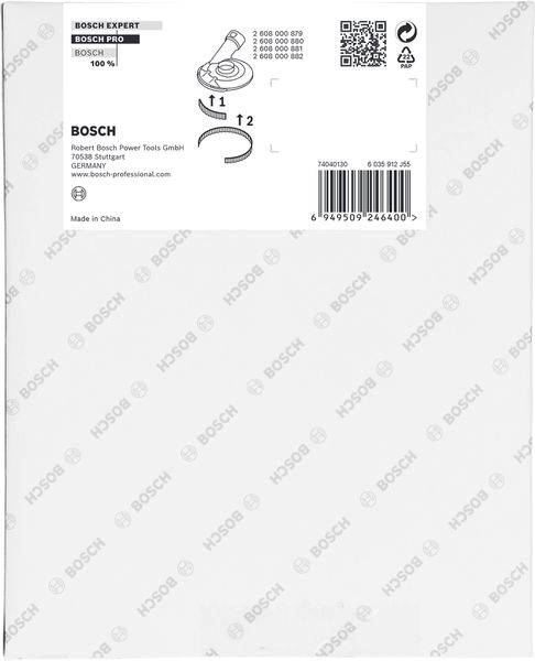 Étiquette d'un carton de produit Bosch avec code QR, numéros d'article et représentation schématique d'une pièce d'outil.