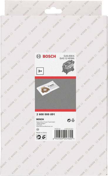 Emballage de sacs d'aspirateur Bosch, compatible avec GAS 4000 A et GAS 12-40 MA. Contient 3 pièces, numéro de produit 2 608 000 891.
