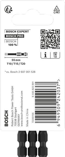 Emballage de kit de forets Bosch. Contient des embouts de 55 mm de tailles T10, T15, T20. Code QR, informations du fabricant et données du produit sont visibles.