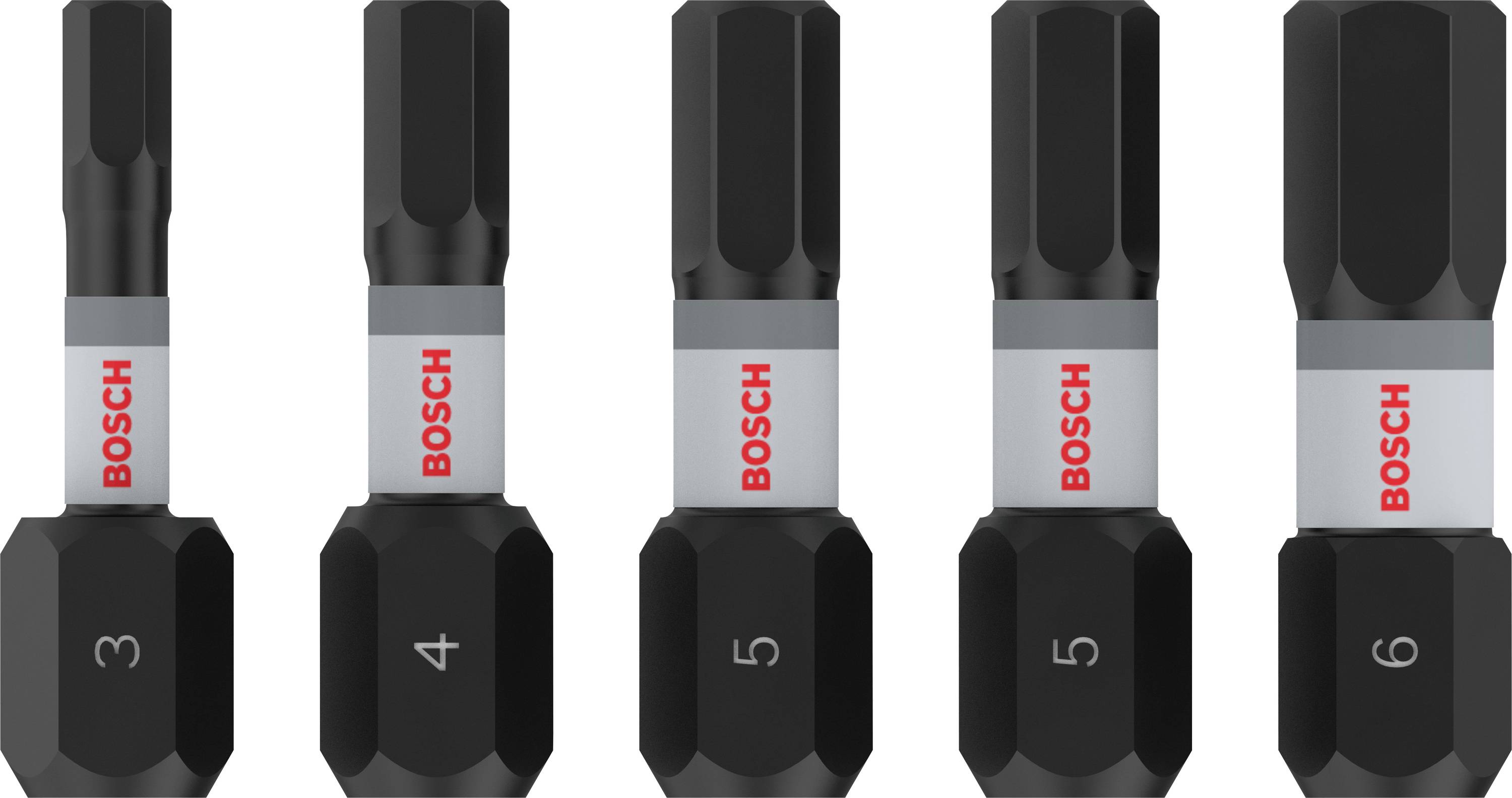 Cinq embouts de tournevis noirs de différentes tailles avec le logo 'BOSCH', numérotés de trois à six, disposés côte à côte.