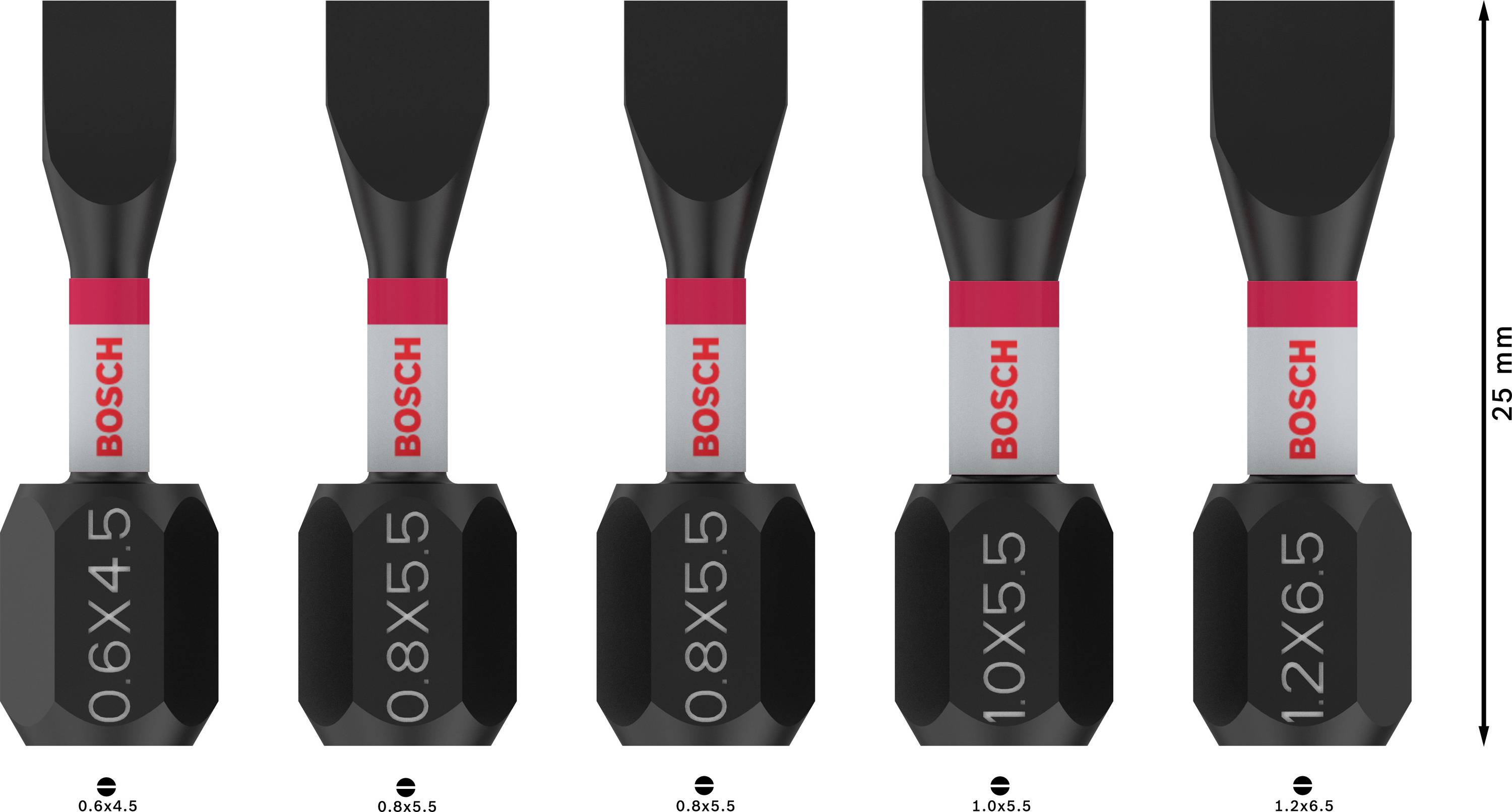 Cinq embouts de tournevis Bosch de différentes tailles (0,6x4,5 ; 0,8x5,5 ; 1,0x5,5 ; 1,2x6,5), tous de 25 mm de long.