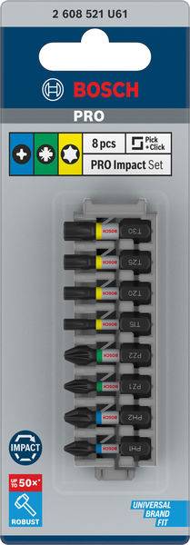 Emballage du Bosch Pro Impact Set, 8 pièces. Logo Bosch en haut, indications de robustesse et d'adaptabilité universelle en bas.