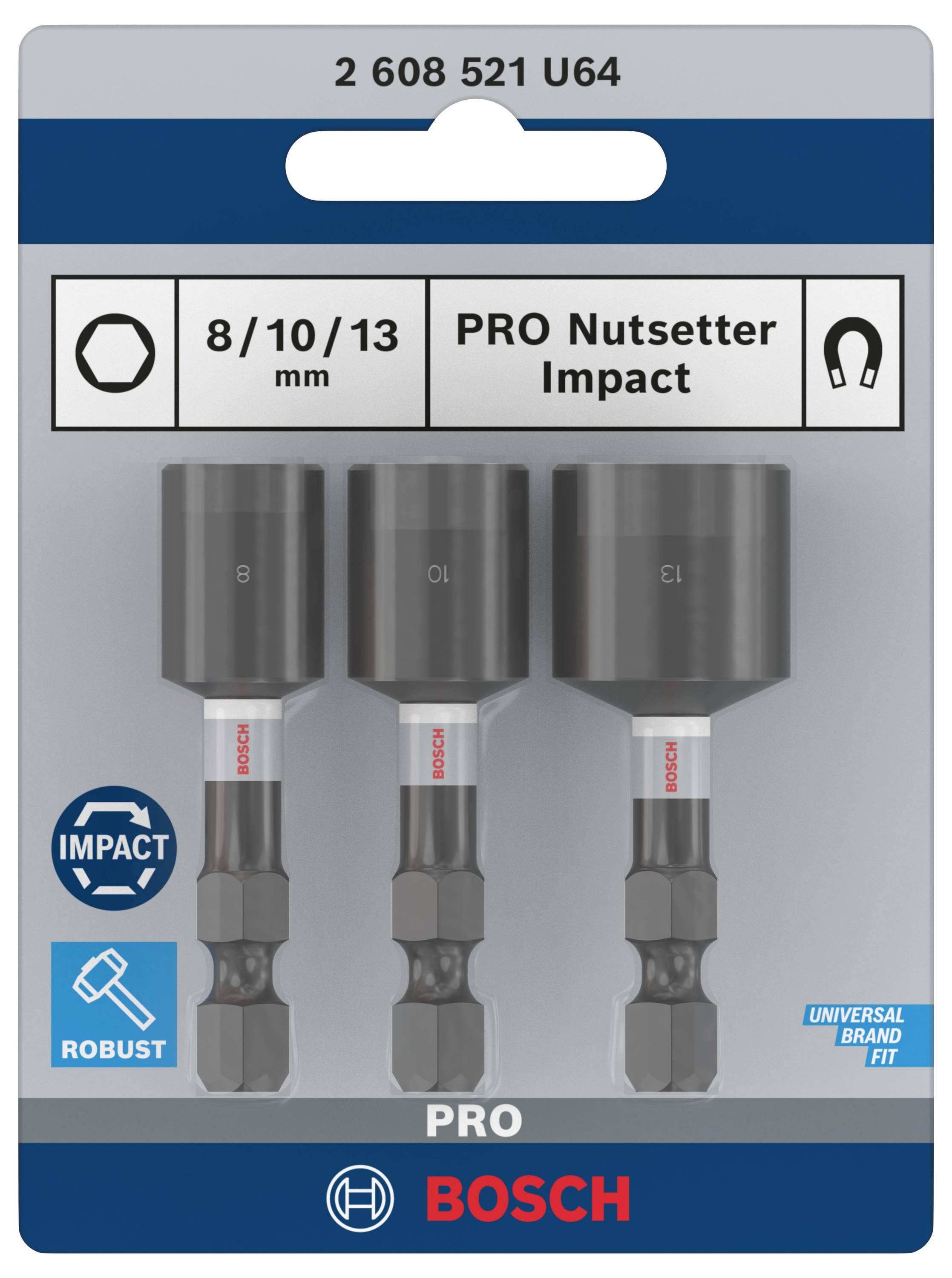 Trois embouts de vissage à choc Bosch PRO dans les tailles 8, 10 et 13 mm dans un même emballage. Idéal pour des applications robustes.