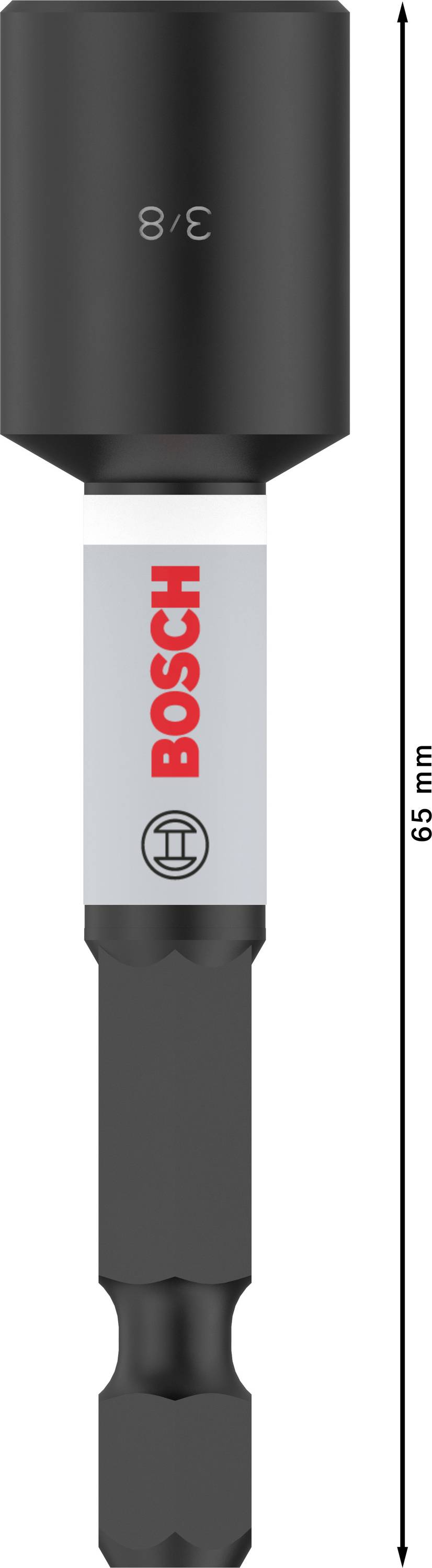 Embout douille BOSCH 3/8 pouce, 66 mm de long, noir et gris, pour outils électriques.
