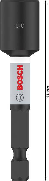 Un adaptateur de douille magnétique Bosch à entraînement de 3/8 de pouce, spécialement conçu pour les applications de vissage, longueur totale : 66 mm.
