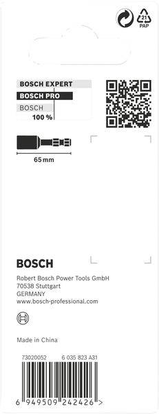 Étiquette d'emballage d'un composant d'outil Bosch, indiquant le nom du produit, un code QR, une longueur de 65 mm et les informations du fabricant.