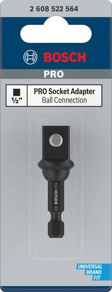 Adaptateur de prise Bosch PRO avec rotule, taille 1/2 pouce, pour un ajustement universel. L'emballage présente le produit et le logo.