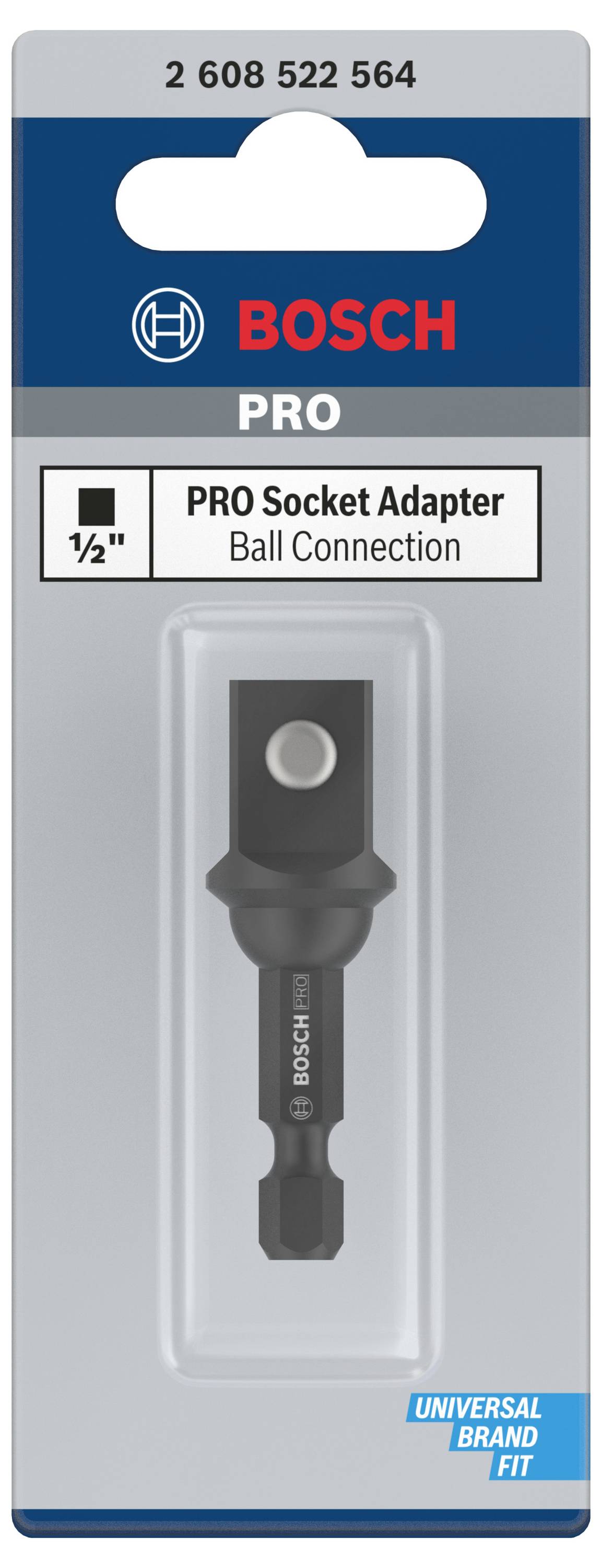 Adaptateur de prise Bosch PRO sur emballage bleu-gris. Adaptateur avec rotule et 'Compatibilité Universelle'.