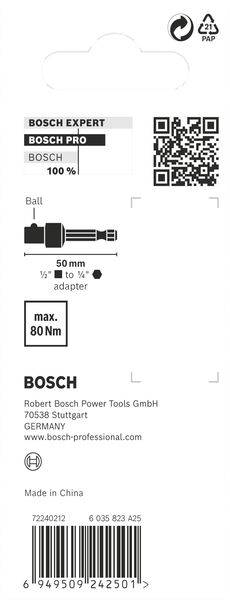 Dos d'un emballage Bosch pour un adaptateur d'outil. Affiche les dimensions, une charge maximale de 80 Nm et les coordonnées de contact.