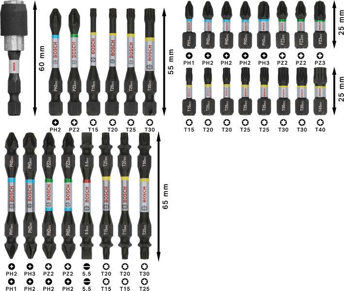 Différents embouts de tournevis de tailles et de formes variées, allant de 25 mm à 65 mm.