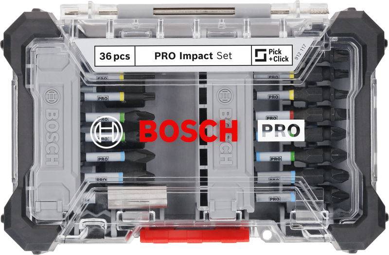 Le 'Bosch PRO Impact Set' contient 36 pièces dans un boîtier transparent. Il comprend différents embouts pour perceuses.