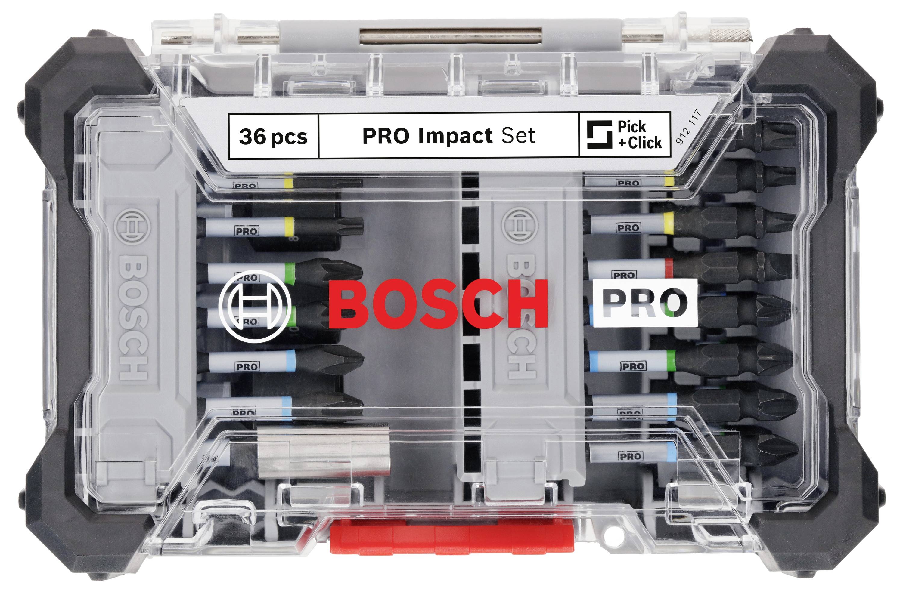 Jeu de 36 embouts de vissage dans un boîtier en plastique noir et transparent. Logo Bosch au centre. Différents embouts de vissage visibles.
