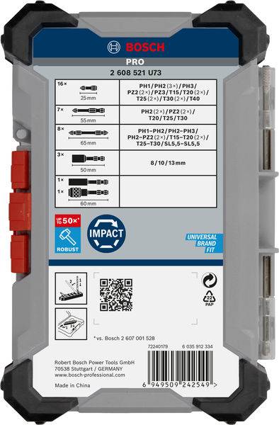 Coffret en plastique avec logo Bosch et informations produit pour embouts de foret. Contient les spécifications et les détails techniques du contenu.