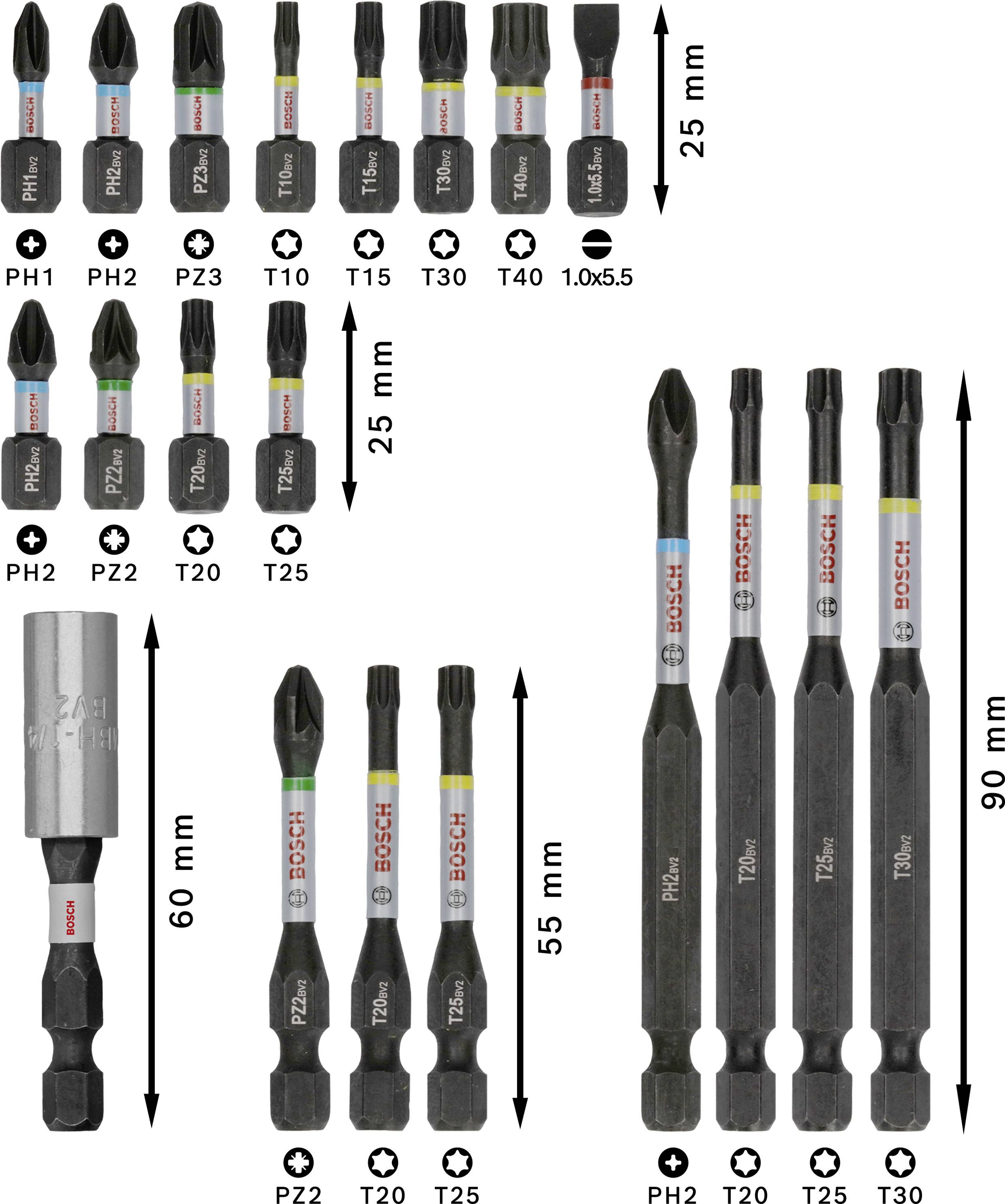 'Jeu d'embouts de vissage Bosch', seize embouts de différentes tailles et longueurs, codés par couleur selon le domaine d'application, avec indications de dimensions.