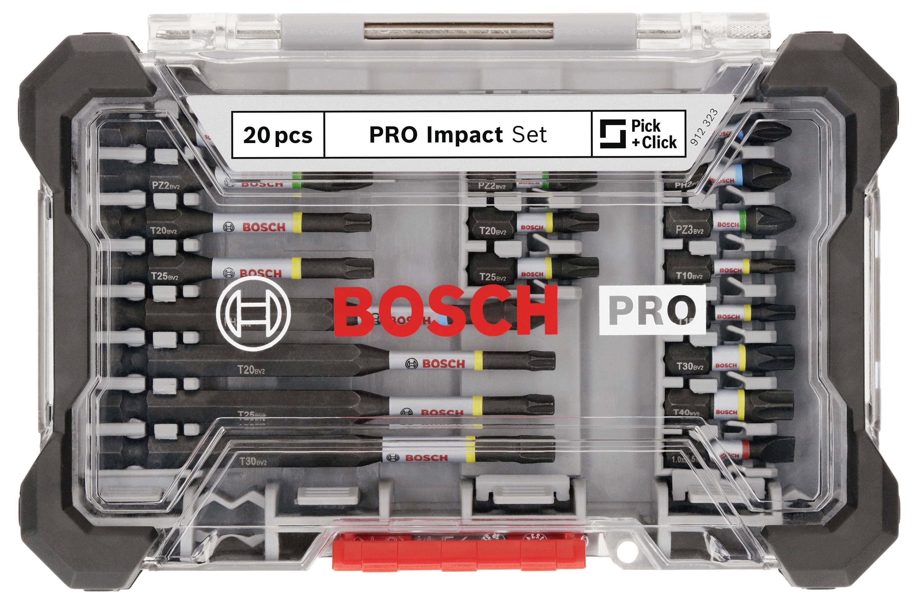 Ensemble d'embouts de percussion Bosch Pro, 20 pièces, avec embouts de vissage dans un coffret en plastique robuste, adapté à divers travaux de vissage et de perçage.