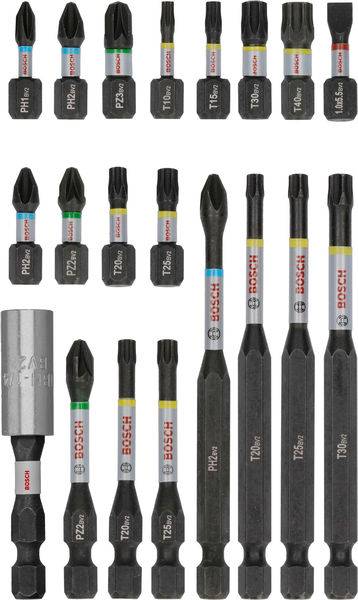 Différents embouts de tournevis Bosch de formes et de tailles variées, avec un codage couleur pour une identification facilitée.