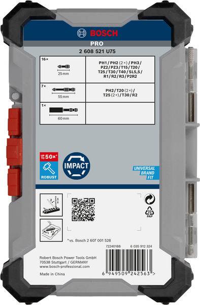 Ensemble de forets Bosch Pro, numéro de modèle 2 608 521 U75, illustration de forets HSS-G, robustes, boîte de rangement, code QR.